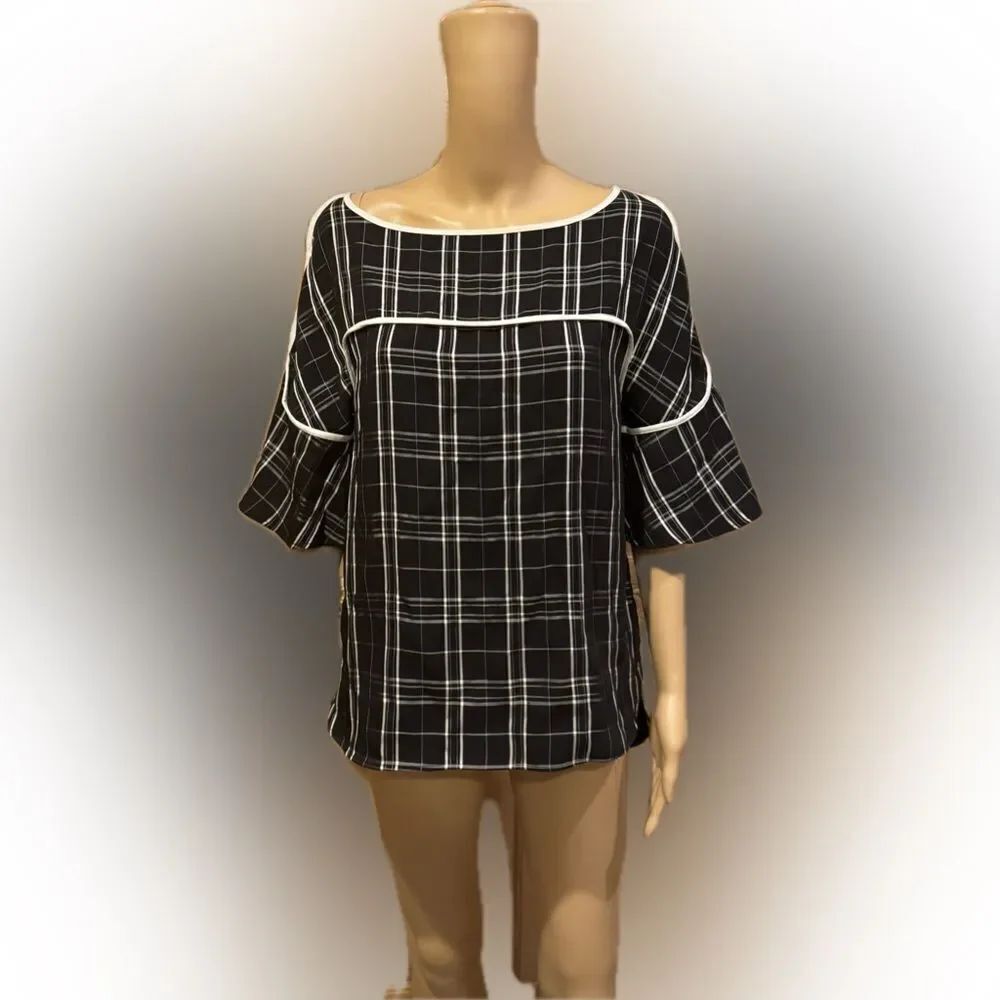 Calvin Klein Black and White Plaid Quarter Sleeve Top sz SP